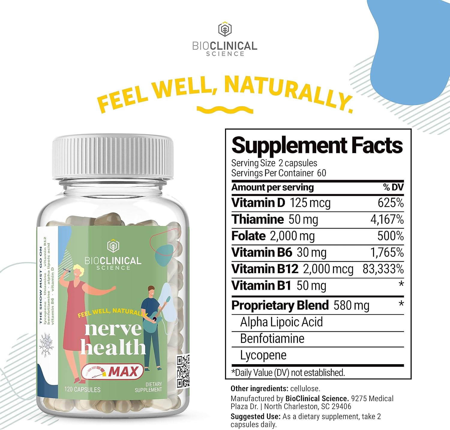 Nerve Health Max Supplement with Vitamin D, Thiamine, Folate, B6, B12, B1, Alpha Lipoic Acid, Benfotiamine, and Lycopene - 120 Capsules