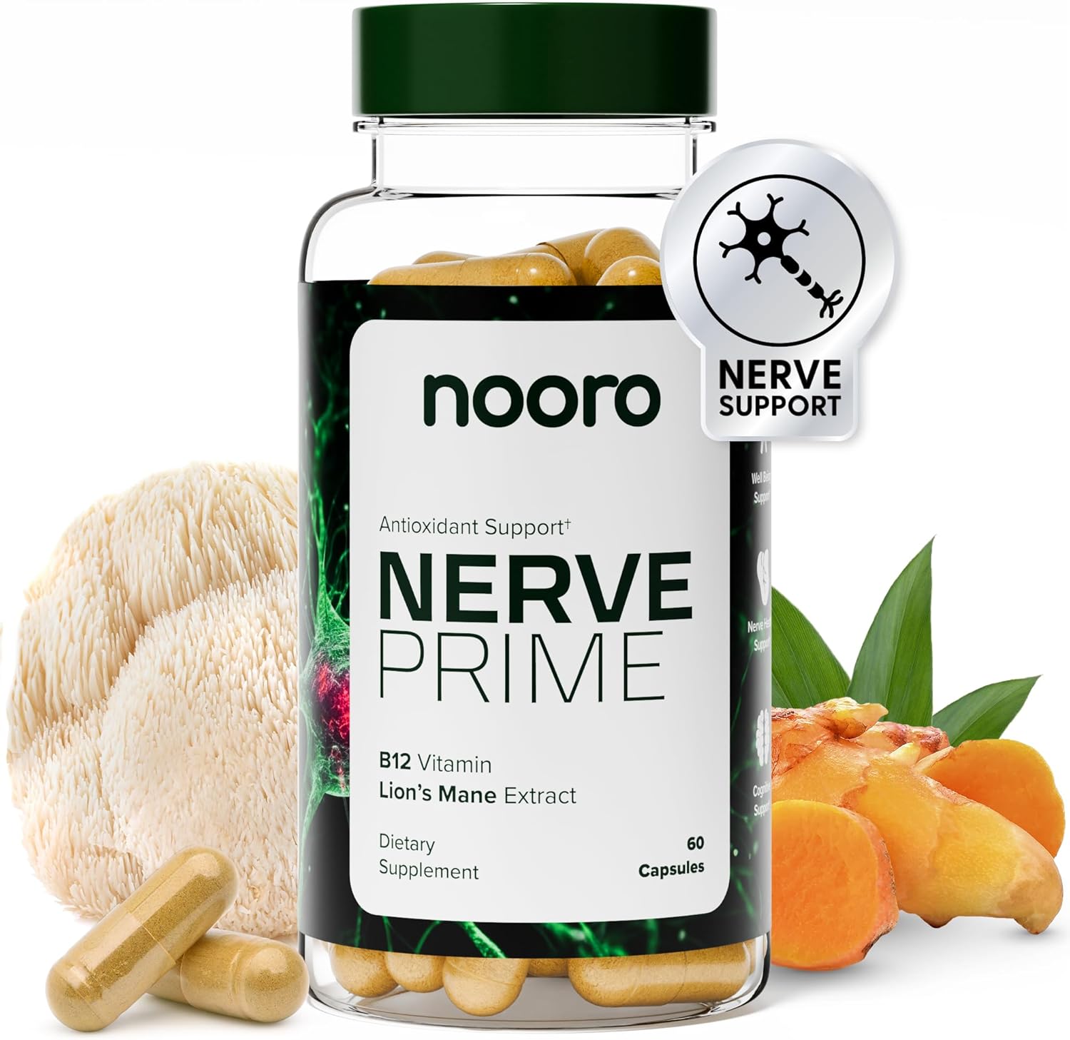 Nerve Prime Supplement with R-Alpha Lipoic Acid, Lion’s Mane Mushroom, Curcumin - Well-Being & Cognitive Function Boost, Antioxidant Protection - 30-Day Supply