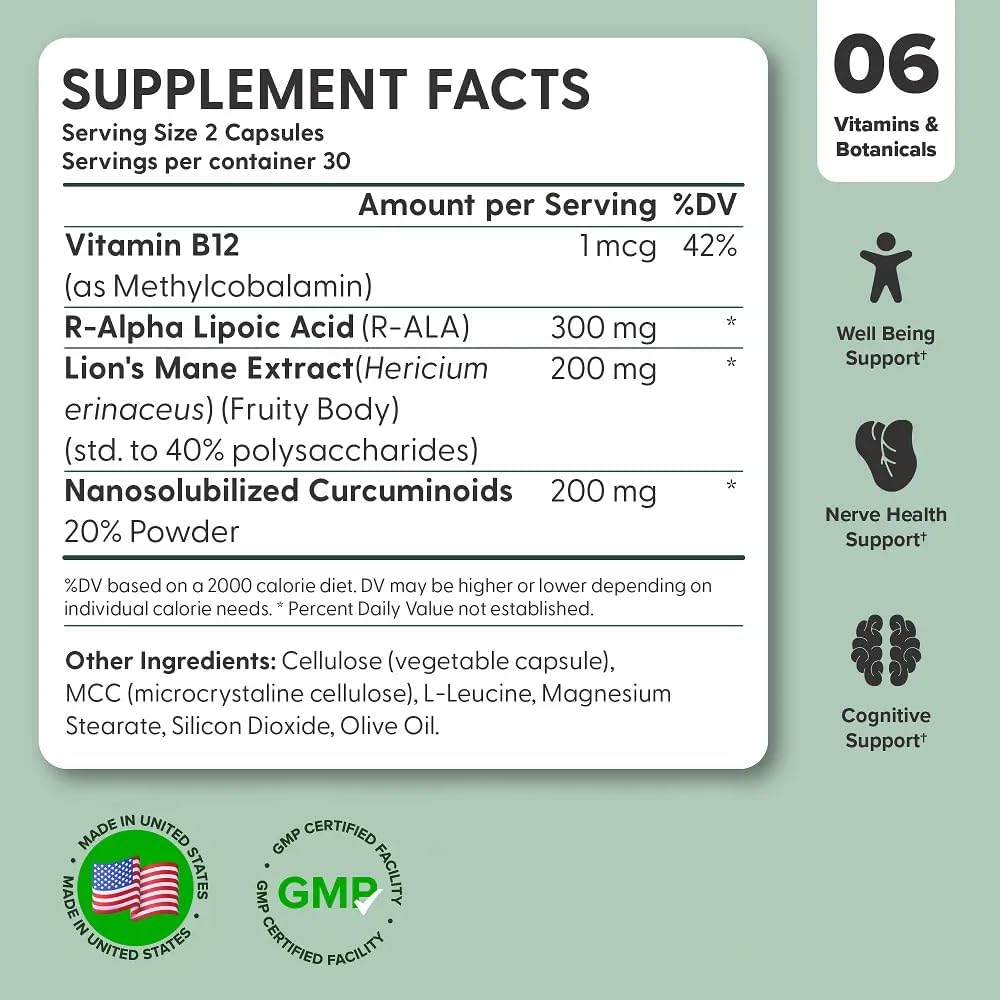 Nerve Prime Supplement with R-Alpha Lipoic Acid, Lion’s Mane Mushroom, Curcumin - Well-Being & Cognitive Function Boost, Antioxidant Protection - 30-Day Supply