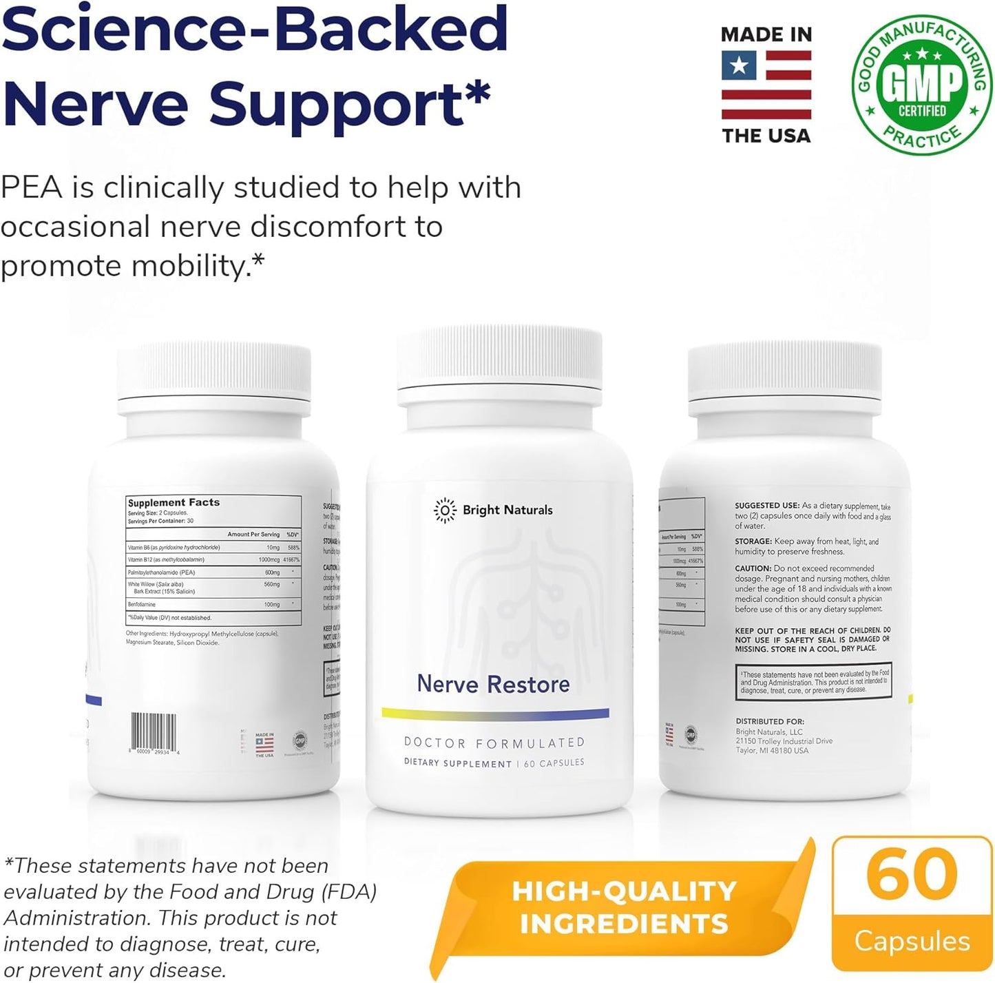 Nerve Support Supplement with Pea, White Willow, B-Vitamins - Advanced Nerve Health - 60 Capsules, Made in USA