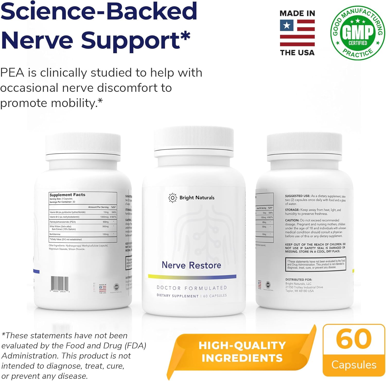 Nerve Support Supplement with Pea, White Willow, B-Vitamins - Advanced Nerve Health - 60 Capsules, Made in USA