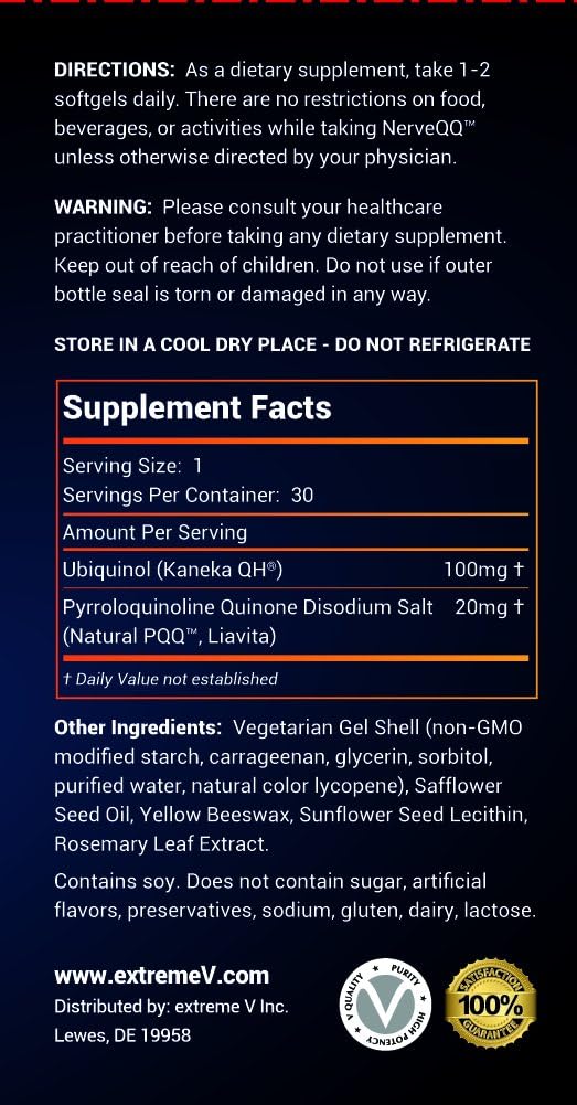 NerveQQ Ultra Advanced Formula: #1 NGF Support with 100mg Ubiquinol & 20mg PQQ (Vegetarian Softgels) by Extreme V, Inc.