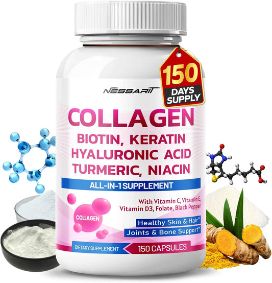 NESSARIT Collagen Supplement - Premium 14-in-1 Natural Blend with Biotin, Keratin, & Hyaluronic Acid - 150 Count - Made in USA