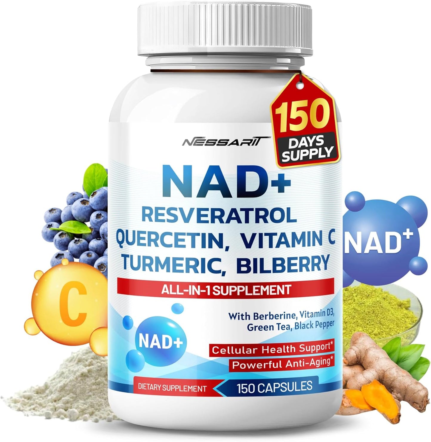 NESSARIT NAD+ RESVERATROL Supplement - 10-in-1 Natural Blend with Quercetin, Turmeric, Berberine, Bilberry, Green Tea - 150 Count - USA Made & Tested