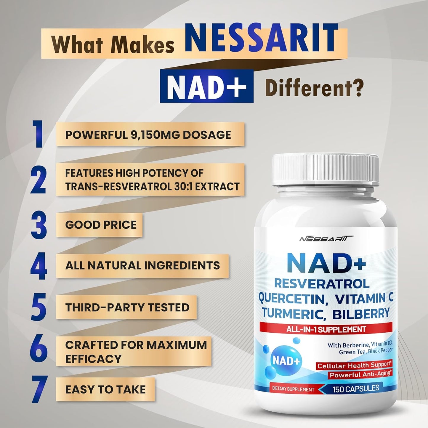 NESSARIT NAD+ RESVERATROL Supplement - 10-in-1 Natural Blend with Quercetin, Turmeric, Berberine, Bilberry, Green Tea - 150 Count - USA Made & Tested