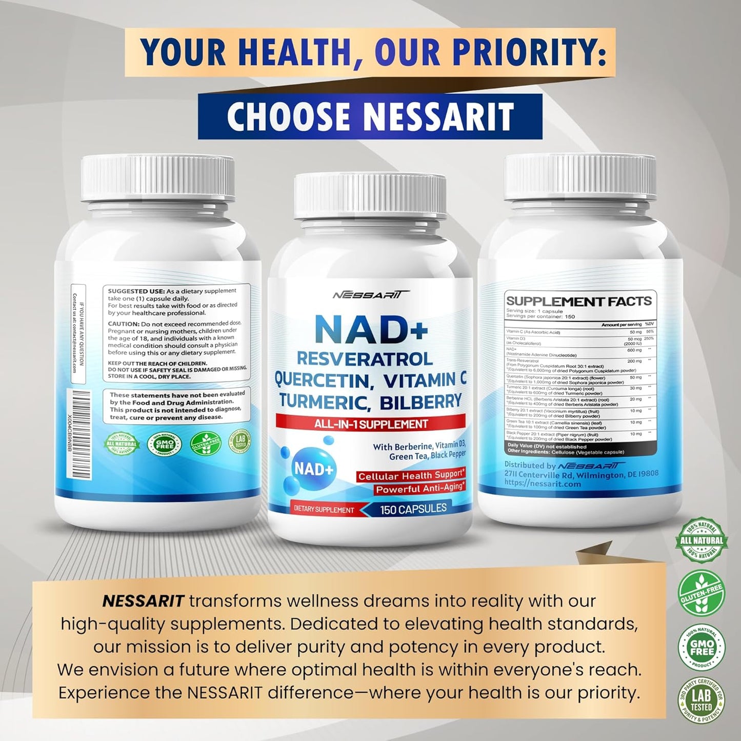 NESSARIT NAD+ RESVERATROL Supplement - 10-in-1 Natural Blend with Quercetin, Turmeric, Berberine, Bilberry, Green Tea - 150 Count - USA Made & Tested