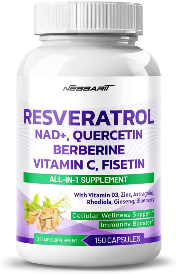 NESSARIT Resveratrol Supplement with NAD, Milk Thistle, Astragalus, Rhodiola, Gotu Kola, Elderberry, Blueberry - 150 Count - USA Made & Tested