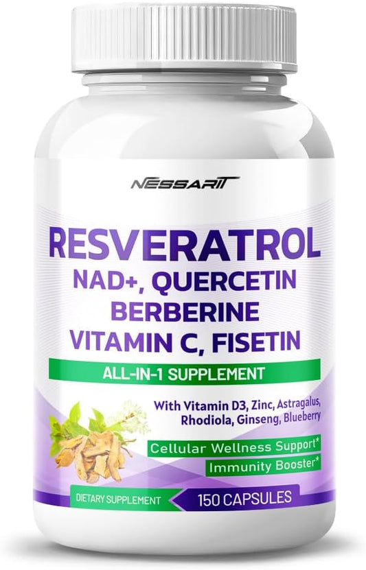 NESSARIT Resveratrol Supplement with NAD, Milk Thistle, Astragalus, Rhodiola, Gotu Kola, Elderberry, Blueberry - 150 Count - USA Made & Tested