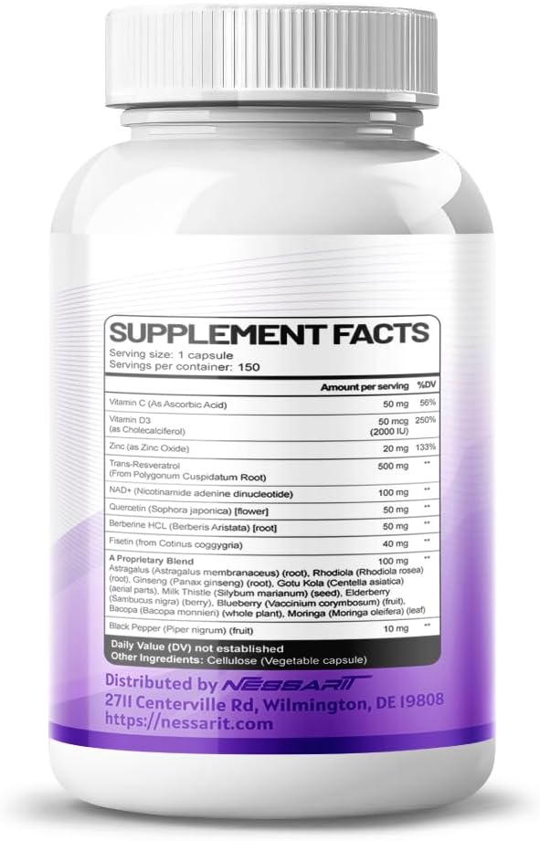 NESSARIT Resveratrol Supplement with NAD, Milk Thistle, Astragalus, Rhodiola, Gotu Kola, Elderberry, Blueberry - 150 Count - USA Made & Tested