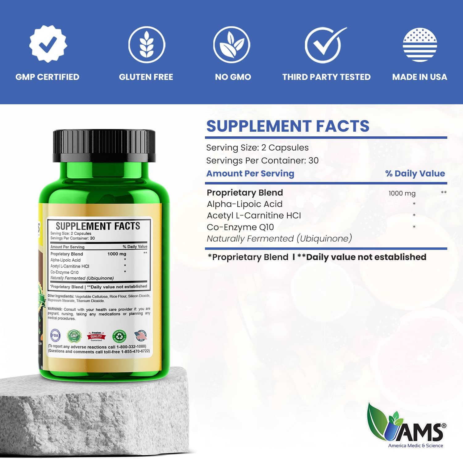 Neuro Booster Supplement with Coenzyme Q10, ALA, and Acetyl L-Carnitine for Brain Health - 60 Capsules