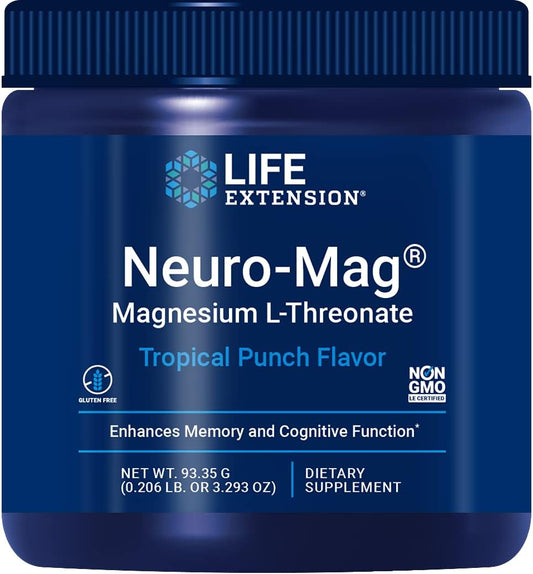 Neuro-Mag Magnesium L-Threonate Powder in Tropical Punch Flavor - 3.293 Ounce for Life Extension