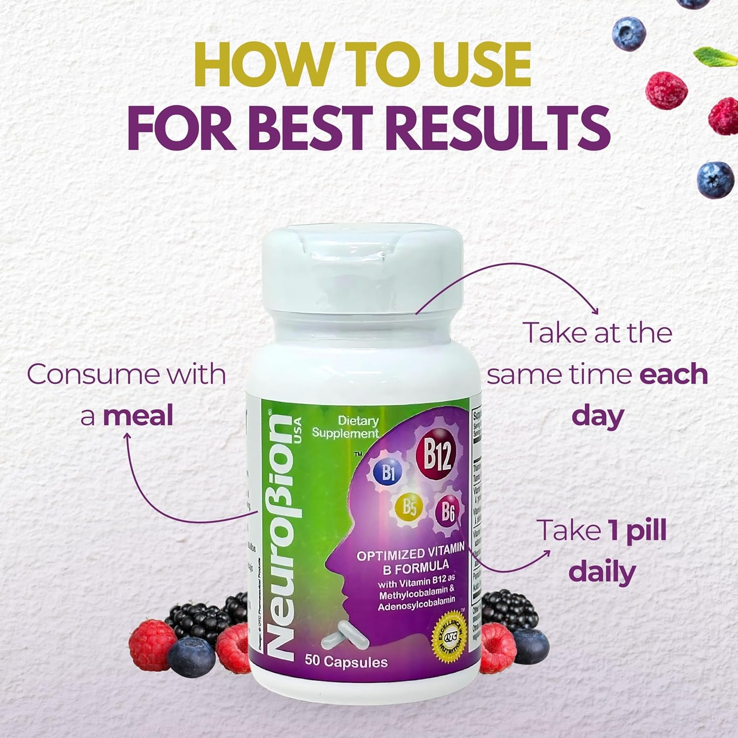 Neurobion Classic Formula B12 Methylcobalamin Dietary Supplement - 50 Capsules, Optimized Formula