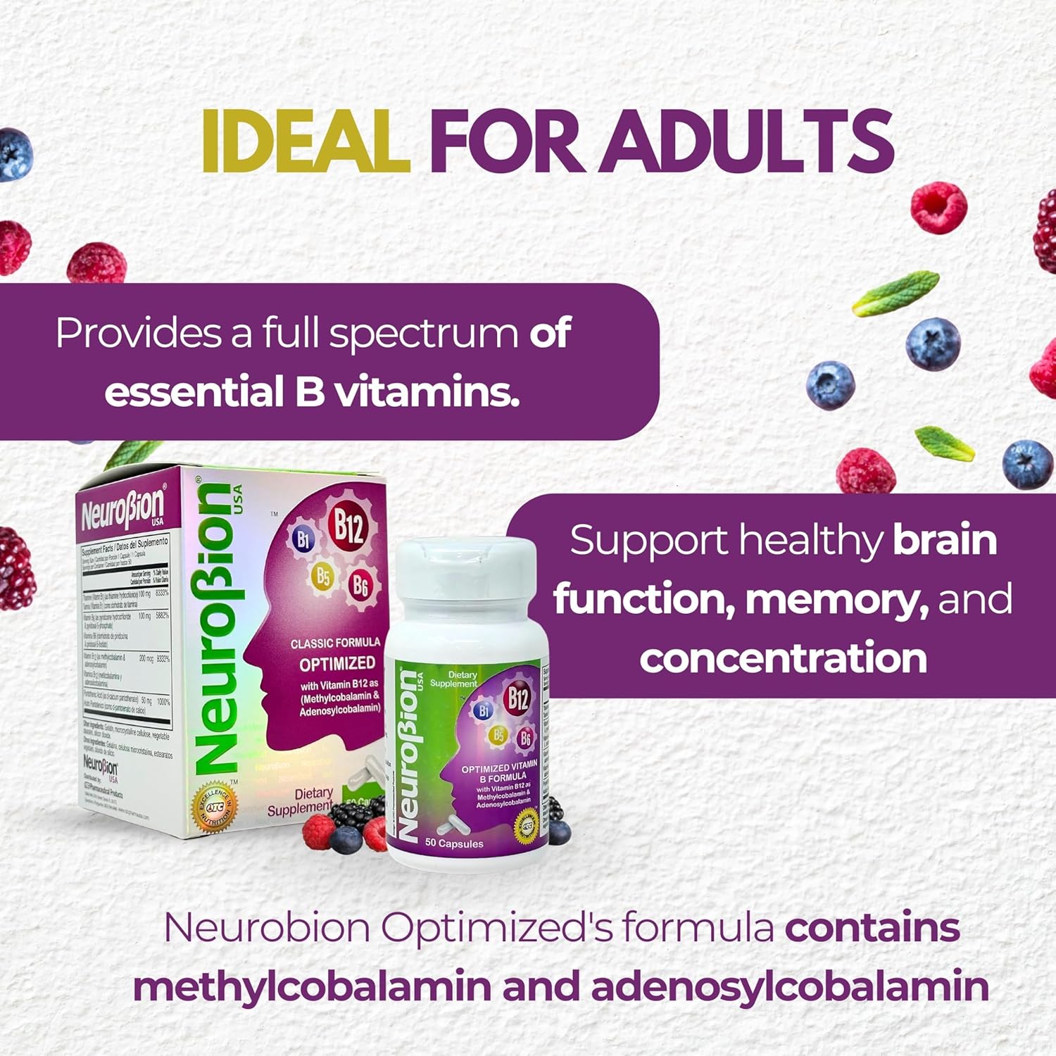 Neurobion Classic Formula B12 Methylcobalamin Dietary Supplement - 50 Capsules, Optimized Formula