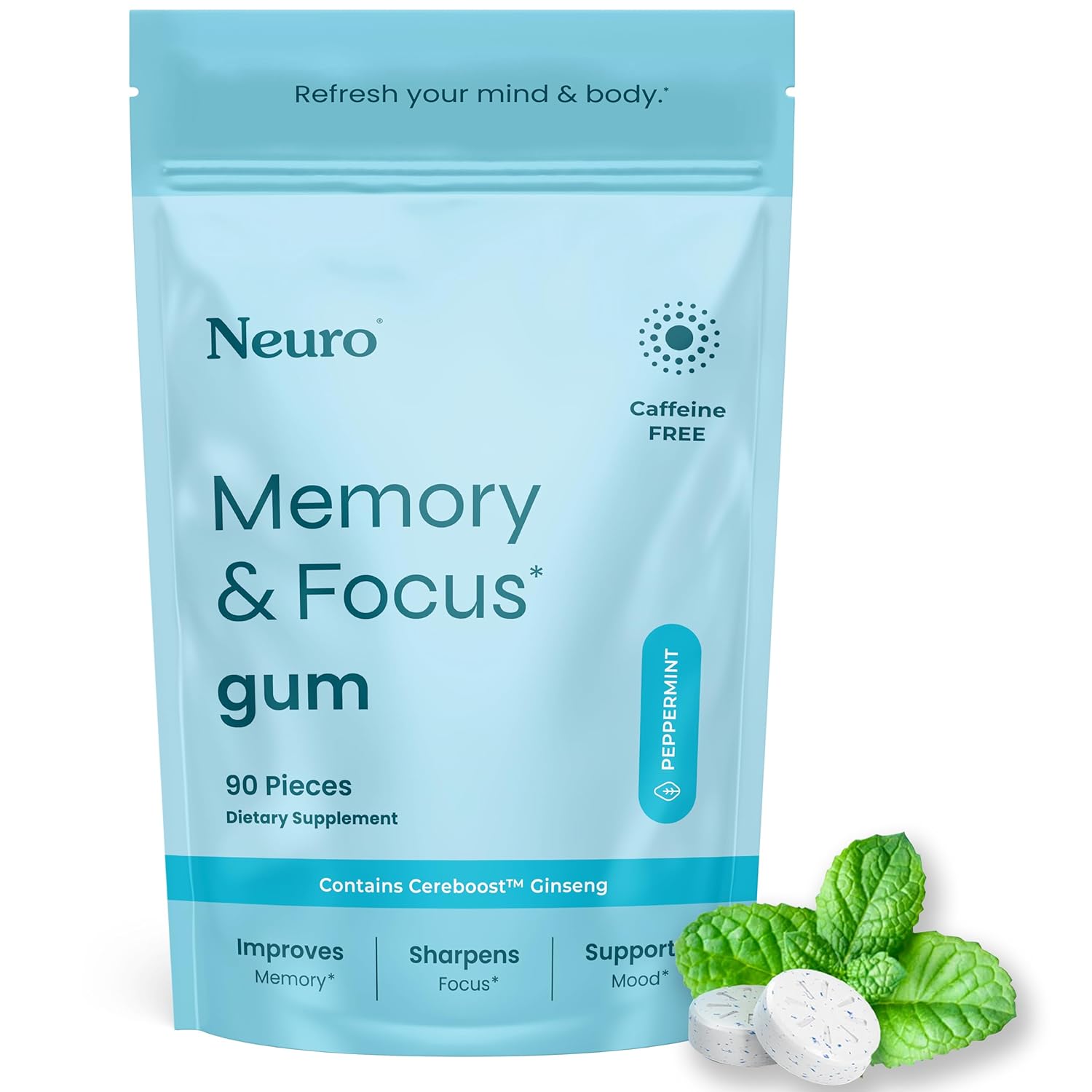 NeuroGum Memory & Focus Gum (90 Pieces) - Decaf & Sugar Free with American Ginseng, L-theanine, Vitamin B12 & B6 for Mental Alertness - Brain Supplements for Memory and Focus - Peppermint Flavor