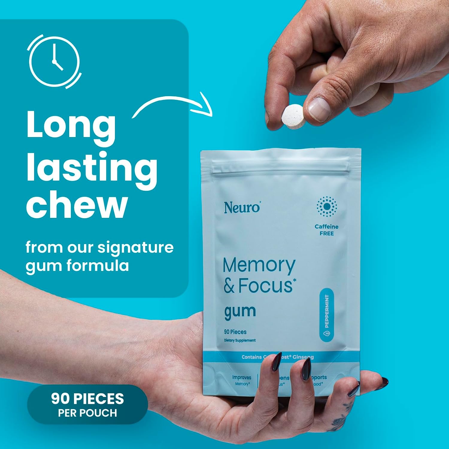 NeuroGum Memory & Focus Gum (90 Pieces) - Decaf & Sugar Free with American Ginseng, L-theanine, Vitamin B12 & B6 for Mental Alertness - Brain Supplements for Memory and Focus - Peppermint Flavor