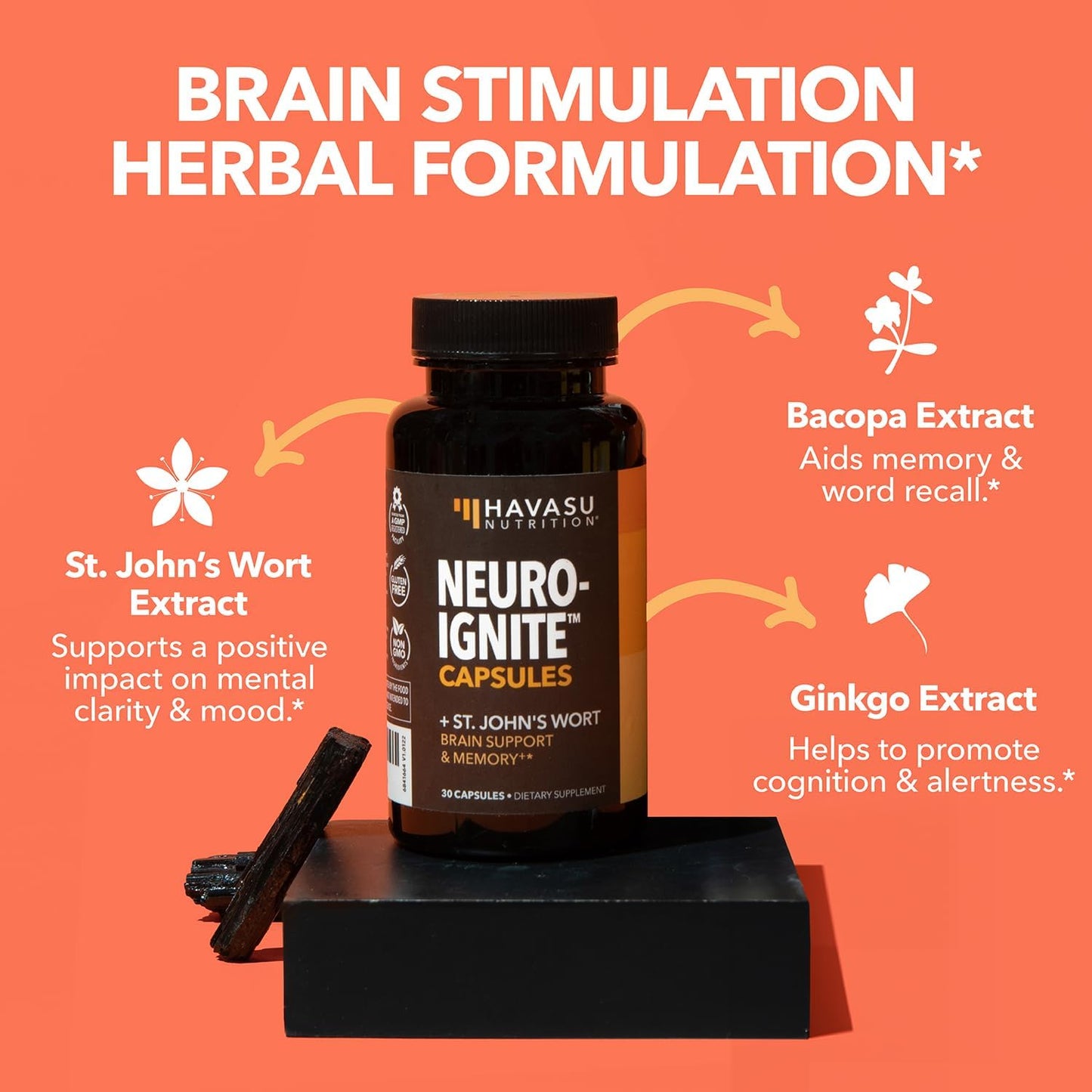 NeuroIGNITE Brain Supplement for Memory and Focus - 60 Count - Cognitive Support with St. John's Wort, Ginkgo Biloba, Bacopa, Phosphatidylserine - Non-GMO Capsules, 2-Month Supply