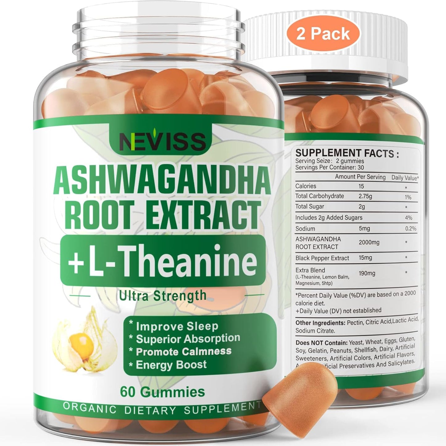 NEVISS Ashwagandha Gummies 2000mg with L-Theanine, 5-HTP, Lemon Balm, Magnesium - 120 Count for Calm, Zzzs, Relaxation & Refreshment