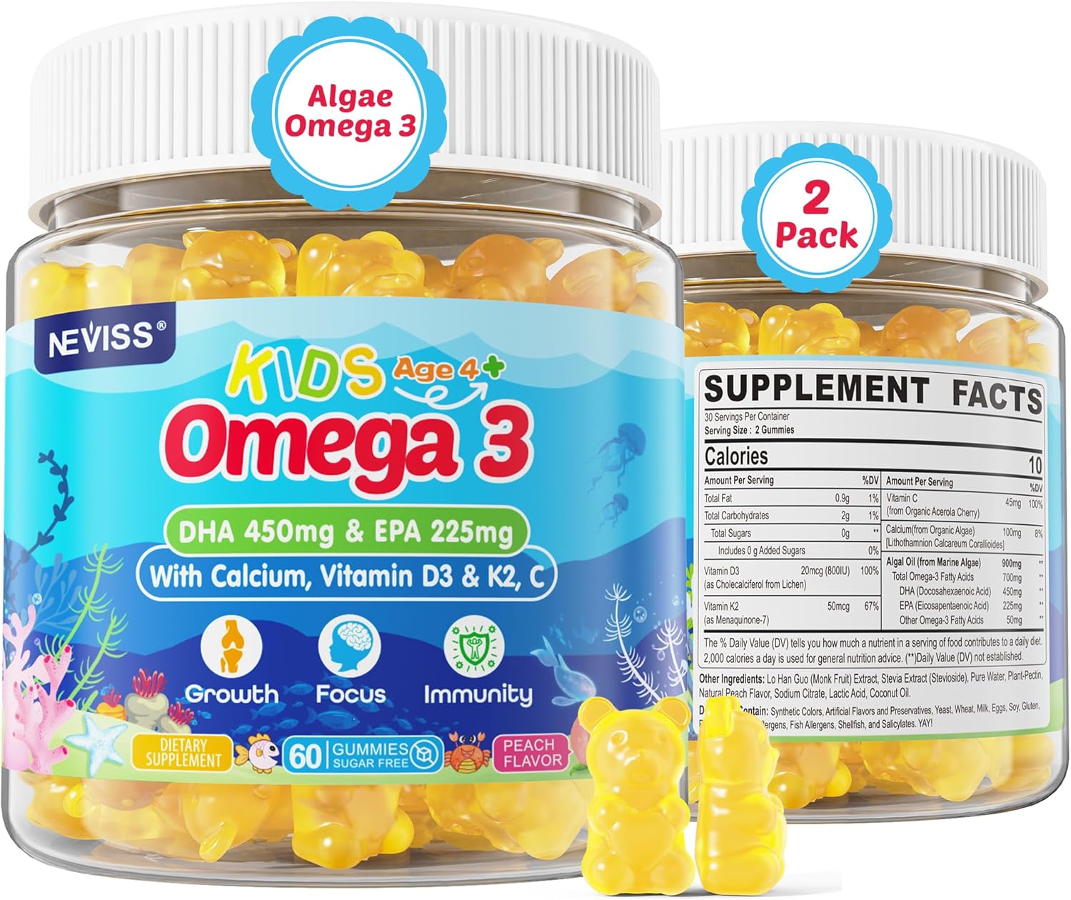 Neviss Kids Omega 3 Gummies with Calcium, Vitamin D3 & K2, C - Focus, Memory, Bone Growth & Immune Support - Non-Fish Taste, Non-GMO - 2 Pack