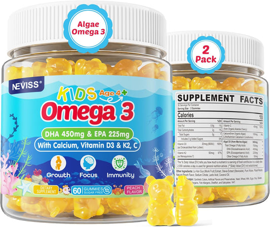 Neviss Kids Omega 3 Gummies with Calcium, Vitamin D3 & K2, C - Focus, Memory, Bone Growth & Immune Support - Non-Fish Taste, Non-GMO - 2 Pack
