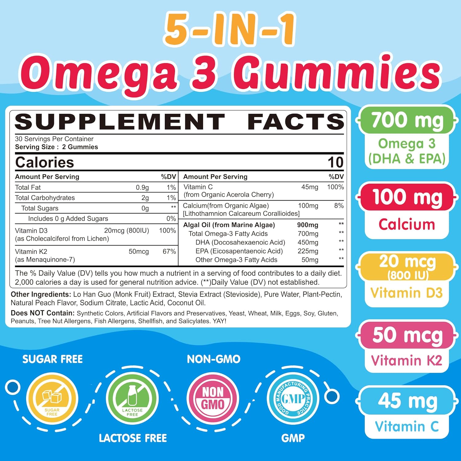 Neviss Kids Omega 3 Gummies with Calcium, Vitamin D3 & K2, C - Focus, Memory, Bone Growth & Immune Support - Non-Fish Taste, Non-GMO - 2 Pack