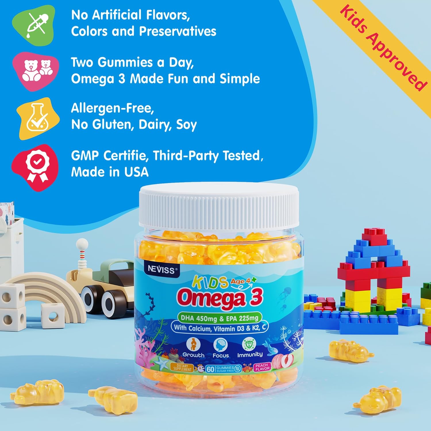 Neviss Kids Omega 3 Gummies with Calcium, Vitamin D3 & K2, C - Focus, Memory, Bone Growth & Immune Support - Non-Fish Taste, Non-GMO - 2 Pack