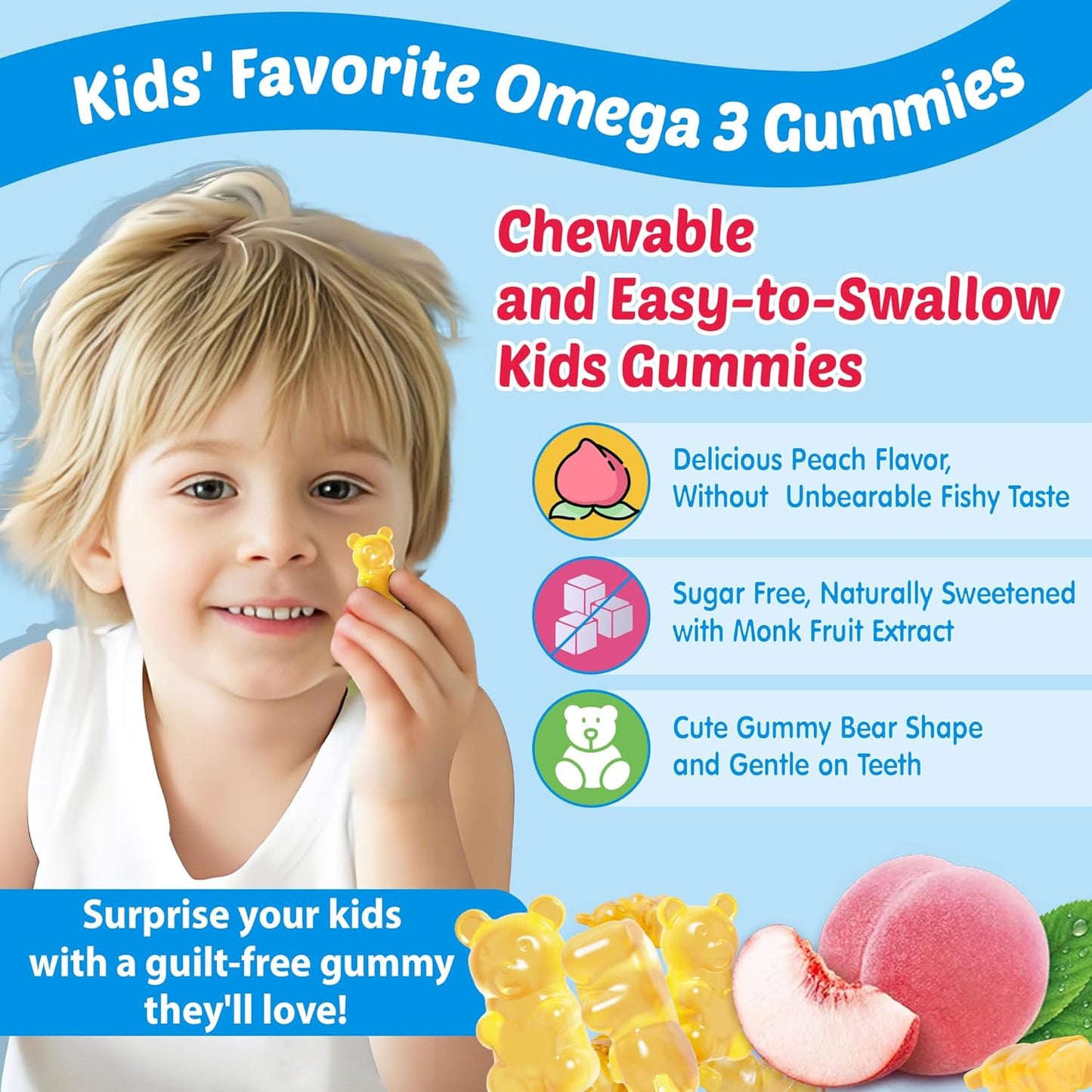 Neviss Kids Omega 3 Gummies with Calcium, Vitamin D3 & K2, C - Focus, Memory, Bone Growth & Immune Support - Non-Fish Taste, Non-GMO - 2 Pack