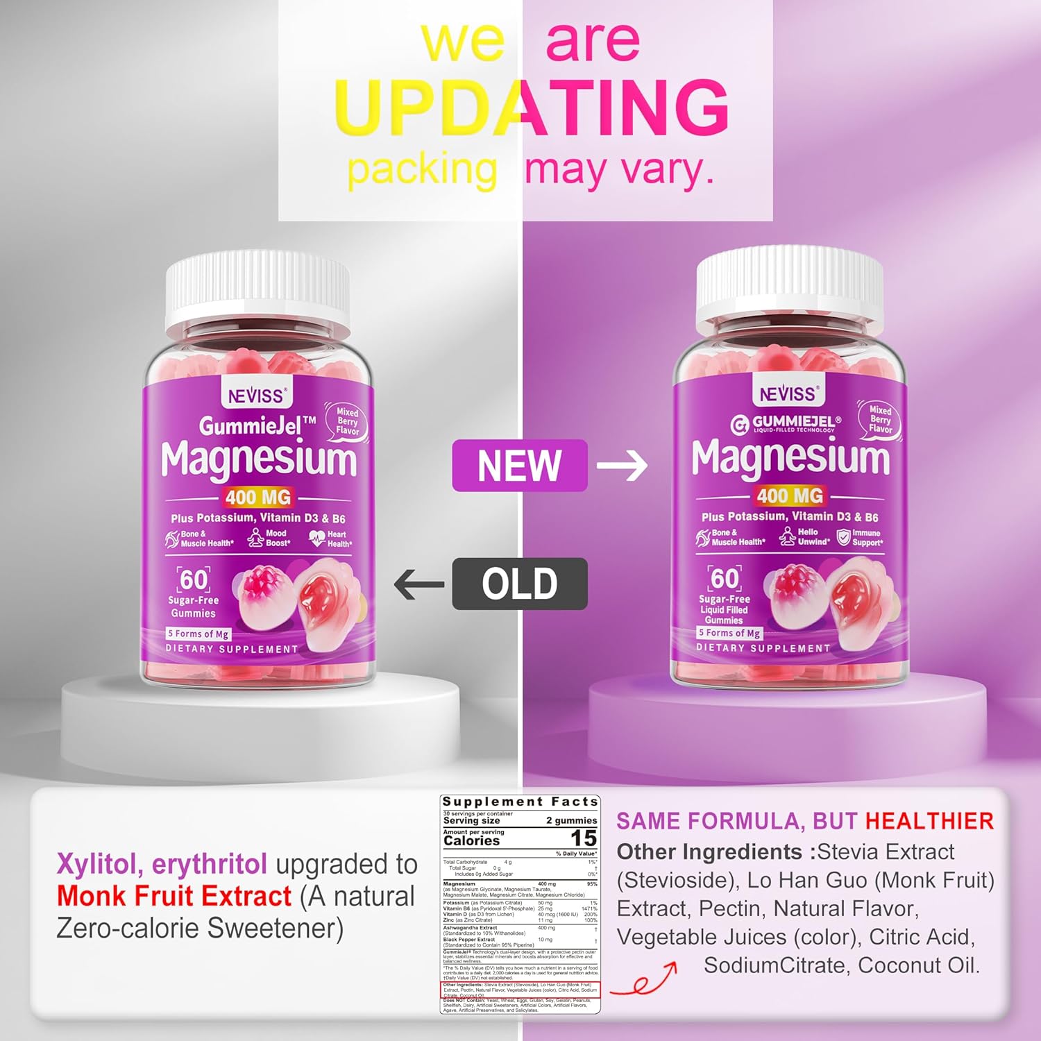 NEVISS Magnesium Gummies 400mg with Ashwagandha, Vitamin D3, Zinc - Muscle, Mood, Energy Support - Sugar Free - 2Pack