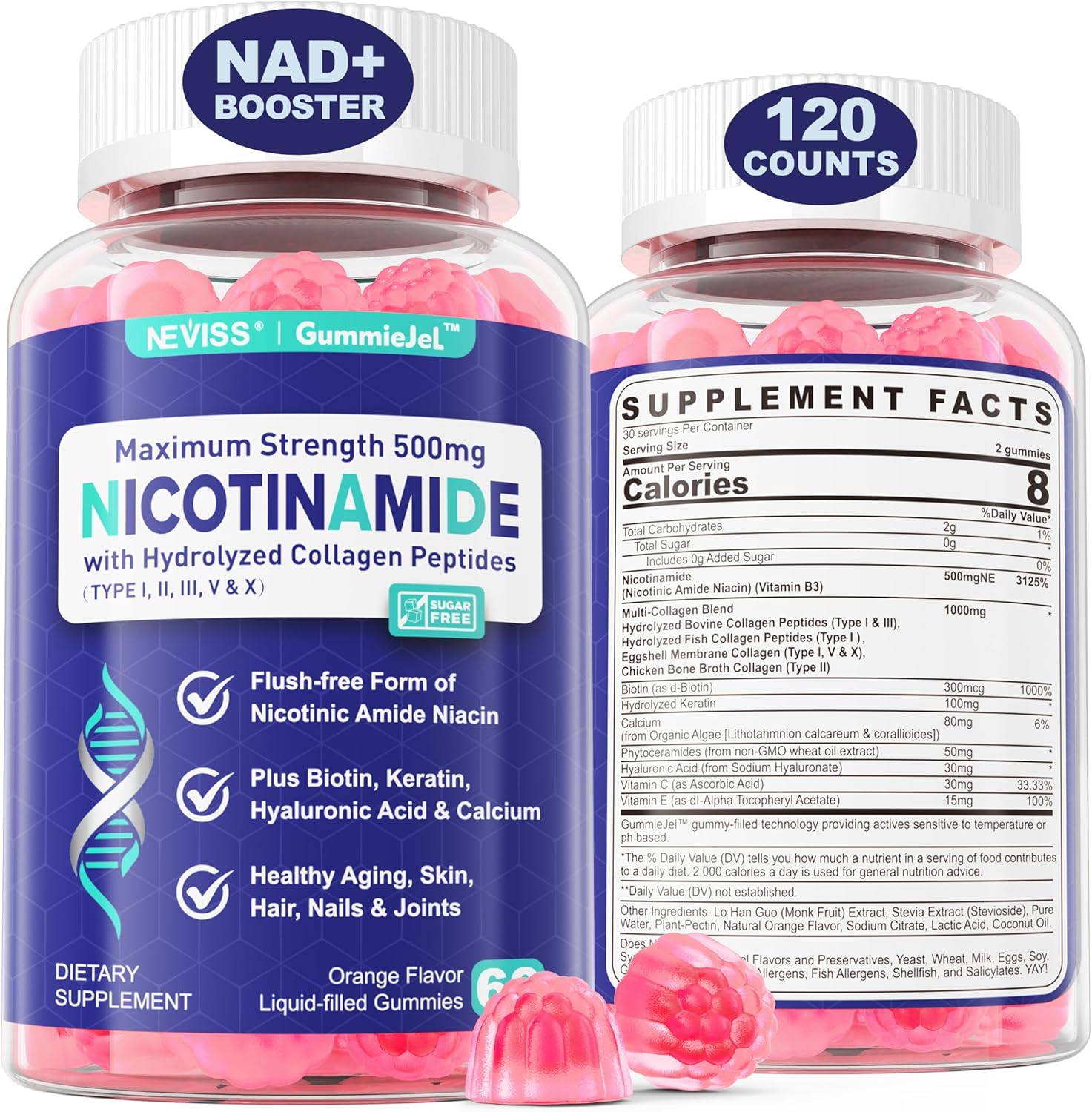 NEVISS Nicotinamide 500mg Gummies with Collagen Peptides for Healthy Aging, NAD+ Boost, and Brain Health, 120 Count