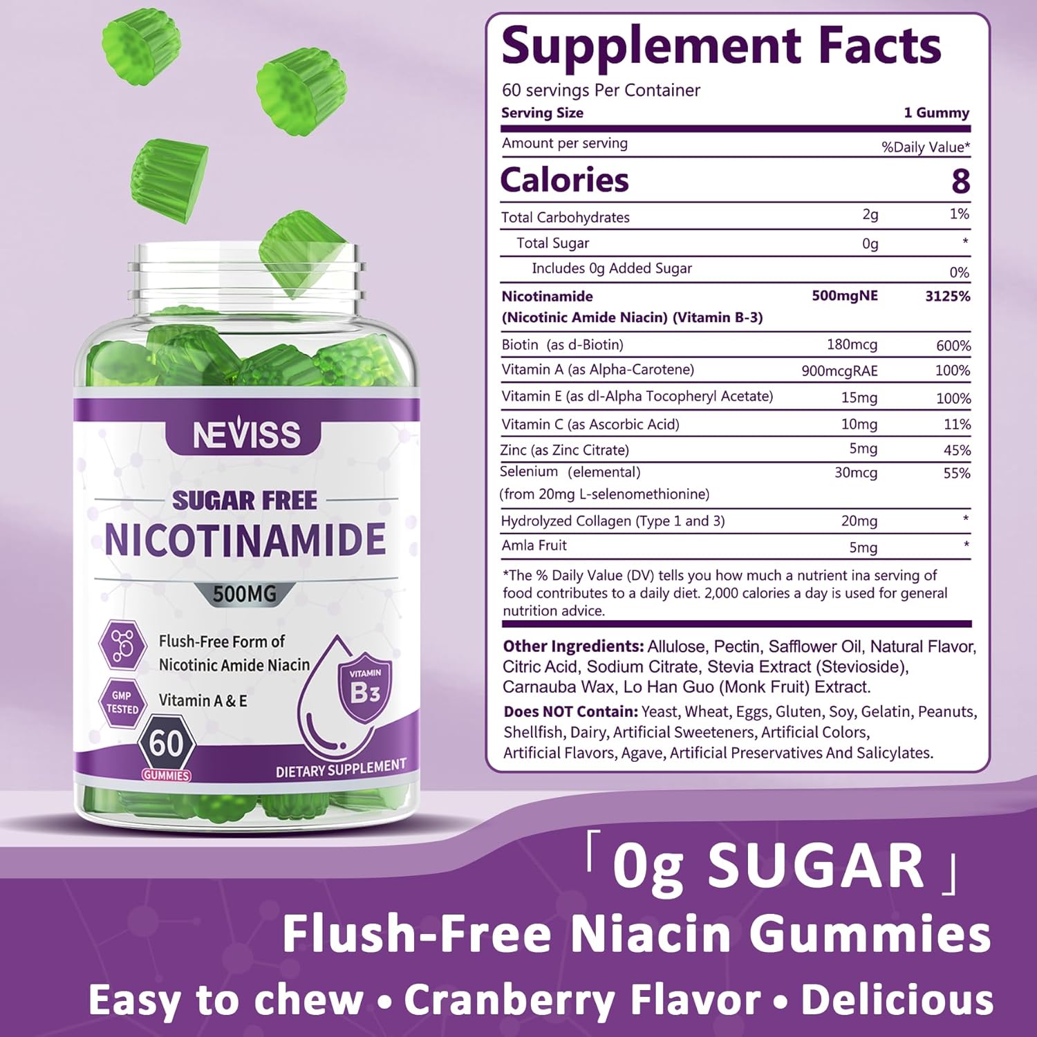 NEVISS Nicotinamide Gummies with Zinc and Copper: 500mg Vegan Immune Support Supplement