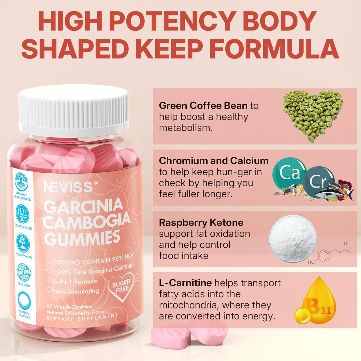 NEVISS Sugar Free Garcinia Cambogia Gummies 1000mg 95% HCA with L-Carnitine, Raspberry Ketone, Chromium, Green Coffee Bean - Metabolism & Energy Boost - 100% Organic Extract - Vegan - Strawberry - 120 Cts