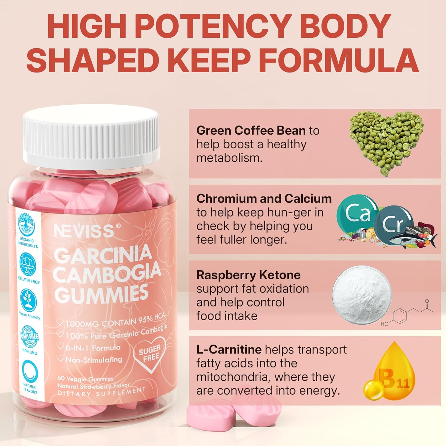 NEVISS Sugar Free Garcinia Cambogia Gummies 1000mg 95% HCA with L-Carnitine, Raspberry Ketone, Chromium, Green Coffee Bean - Metabolism & Energy Boost - 100% Organic Extract - Vegan - Strawberry - 120 Cts
