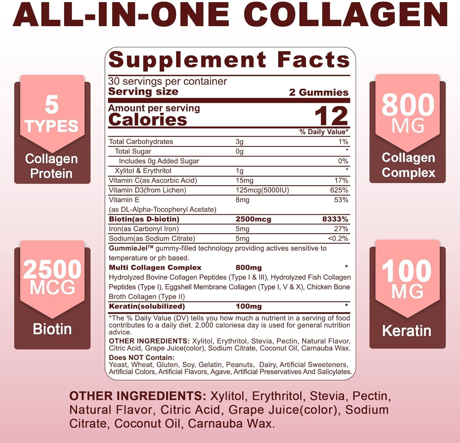 NEVISS Sugar Free Hydrolyzed Collagen Peptides Gummies 800mg with Biotin & Keratin for Healthy Skin, Hair, Nails, and Joint Support - 1 Pack
