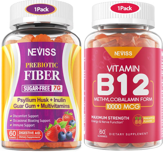 NEVISS Sugar Free Psyllium Husk Prebiotic Fiber Gummies with Multivitamins - High Fiber & Prebiotic Blend with Vitamin B12, D3, Folate, C