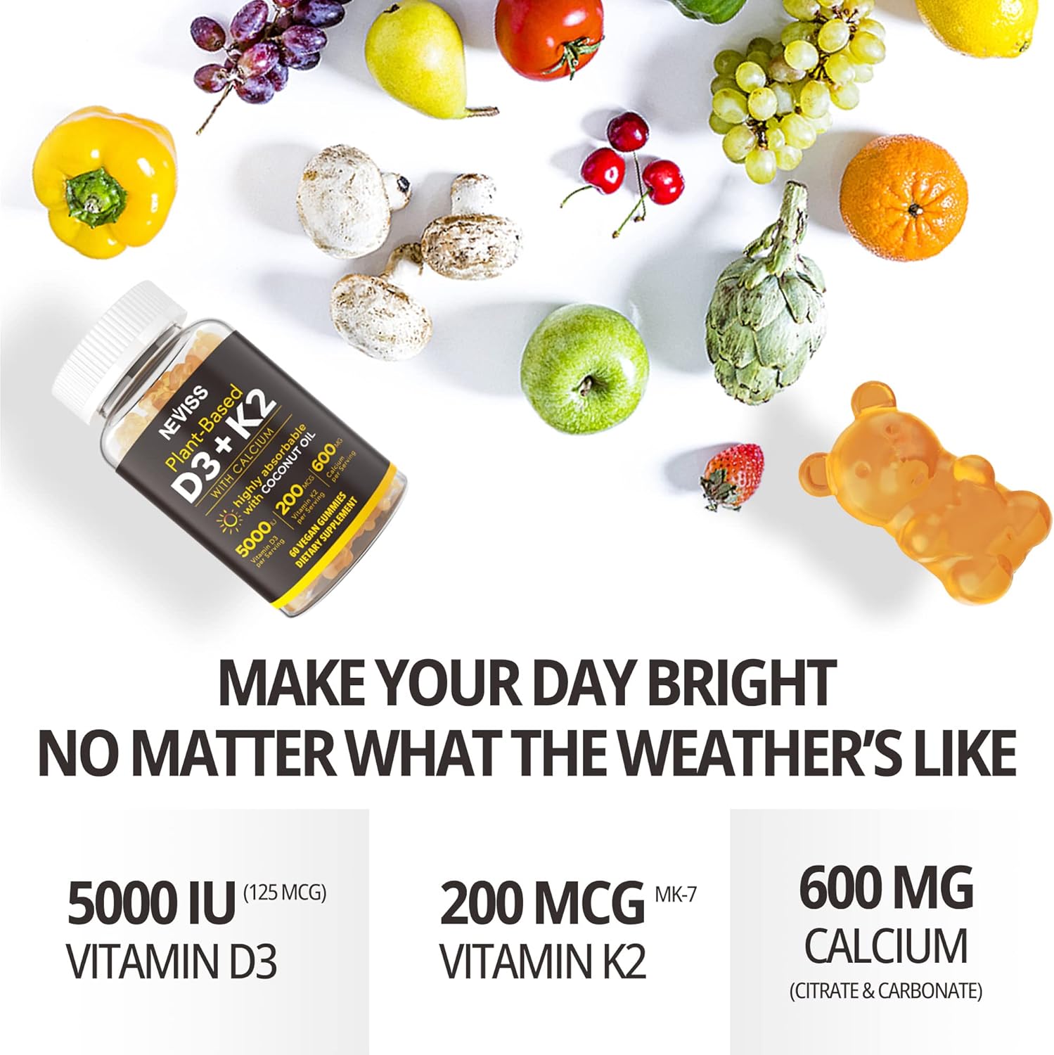 NEVISS Vitamin D3 + K2 Gummies 5000IU with Calcium 600mg, Coconut Oil, Vegan - Immune & Bone Support Supplement