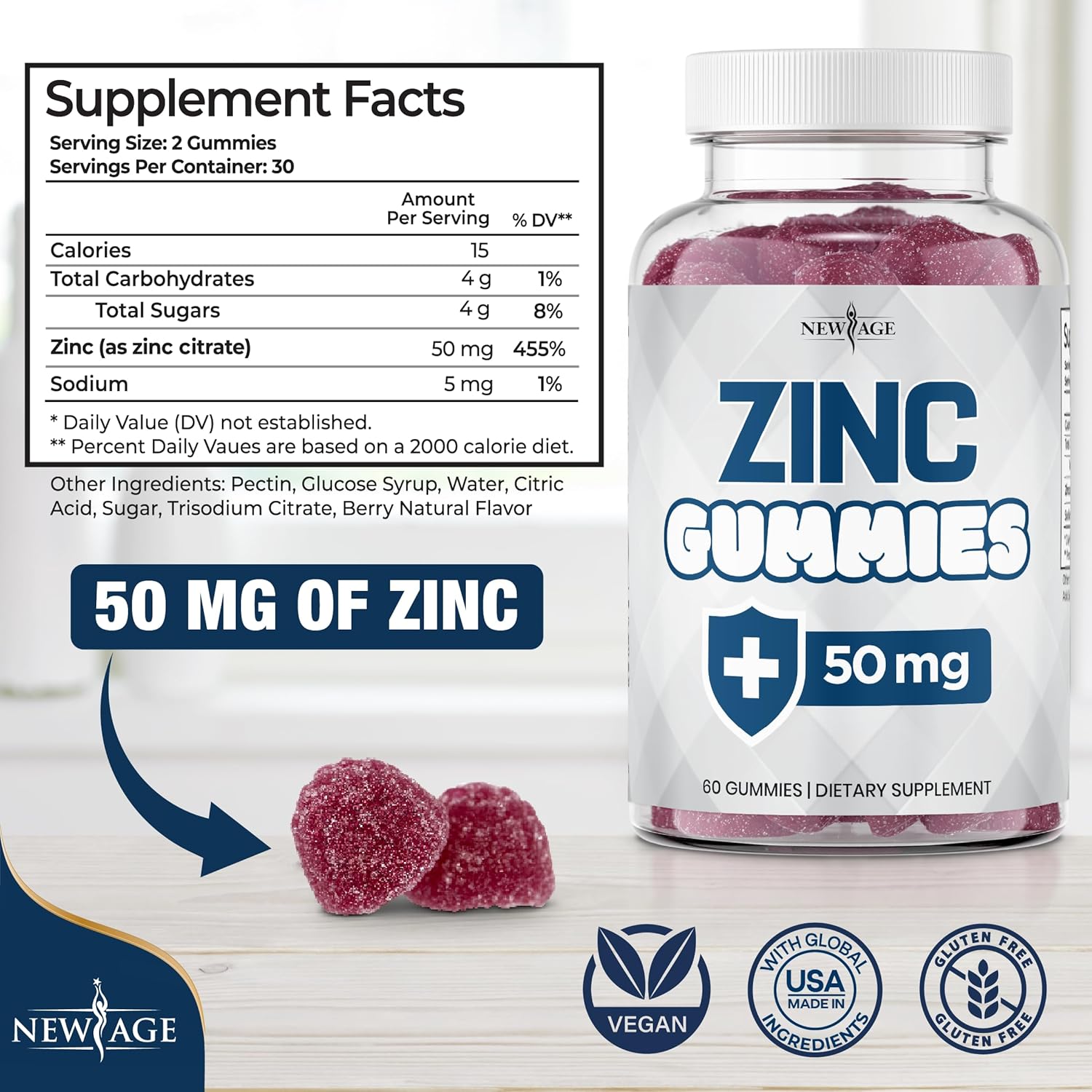 New Age Zinc Gummies - 50mg Immune Support Supplement with Natural Antioxidants - 60 Count Pack