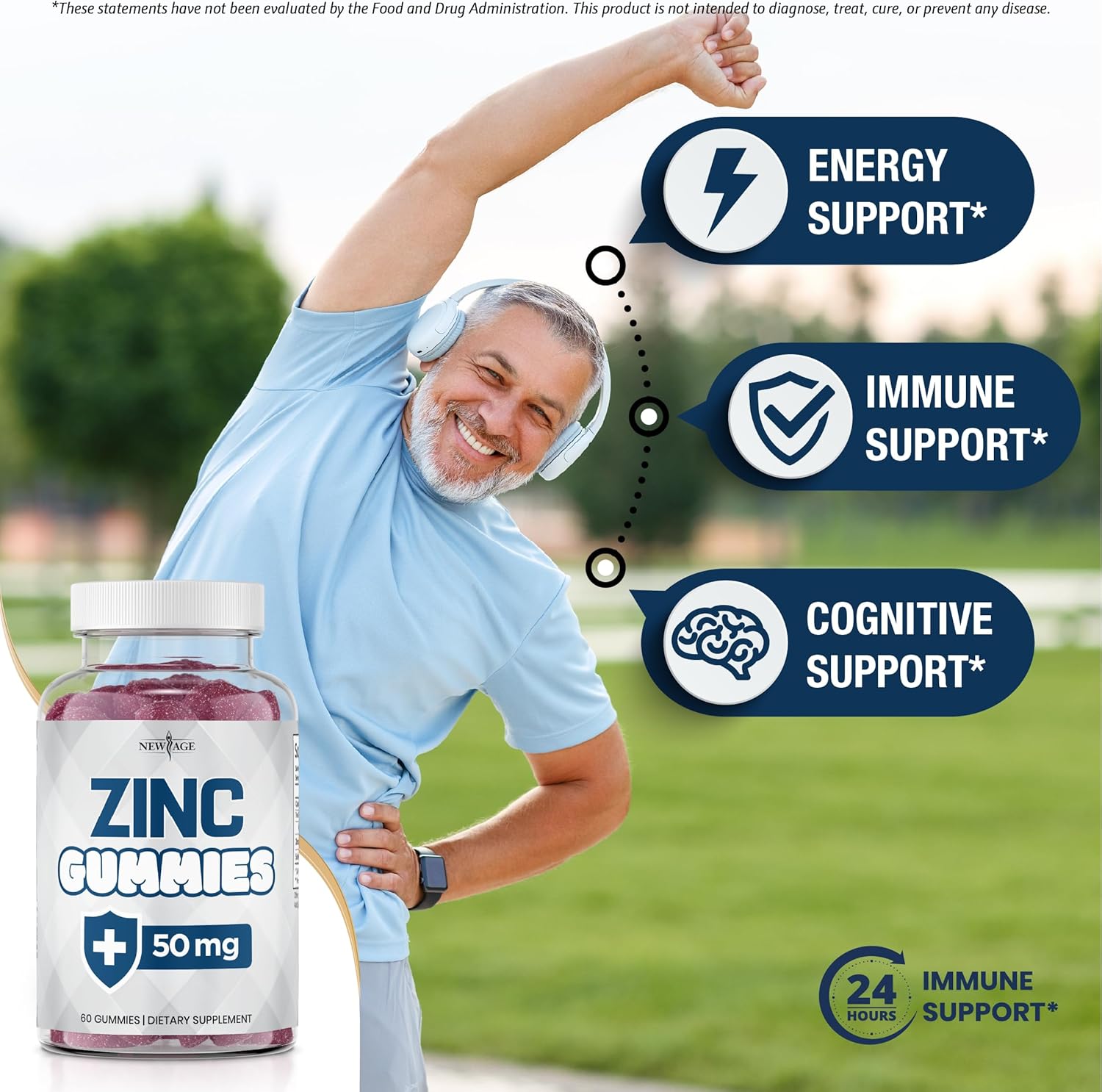 New Age Zinc Gummies - 50mg Immune Support Supplement with Natural Antioxidants - 60 Count Pack