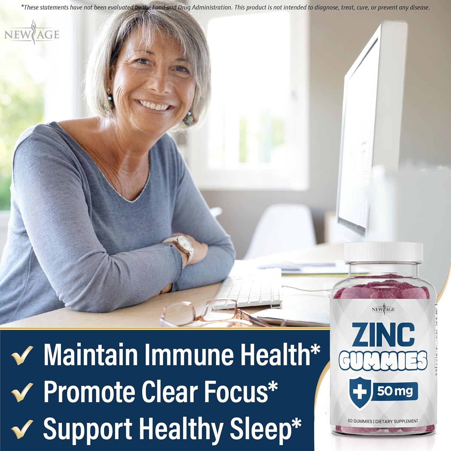 New Age Zinc Gummies - 50mg Immune Support Supplement with Natural Antioxidants - 60 Count Pack