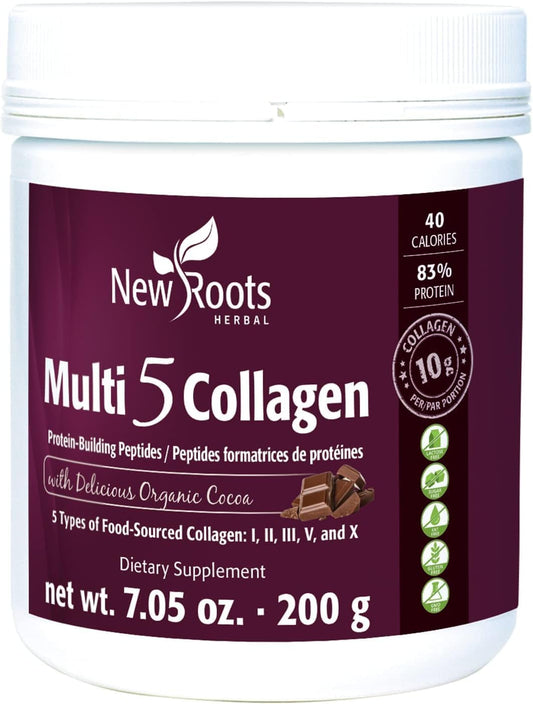 New Roots Herbal Multi 5 Coco Collagen Powder Supplement - Hydrolyzed Collagen - Dairy & Gluten Free - 12g per Serving - Chocolate Flavor - 7.05 oz