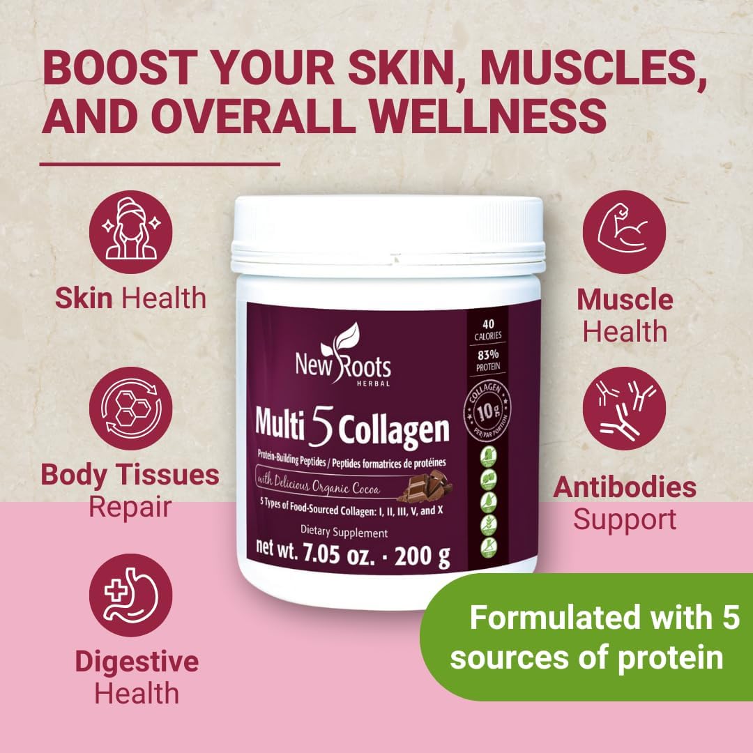 New Roots Herbal Multi 5 Coco Collagen Powder Supplement - Hydrolyzed Collagen - Dairy & Gluten Free - 12g per Serving - Chocolate Flavor - 7.05 oz