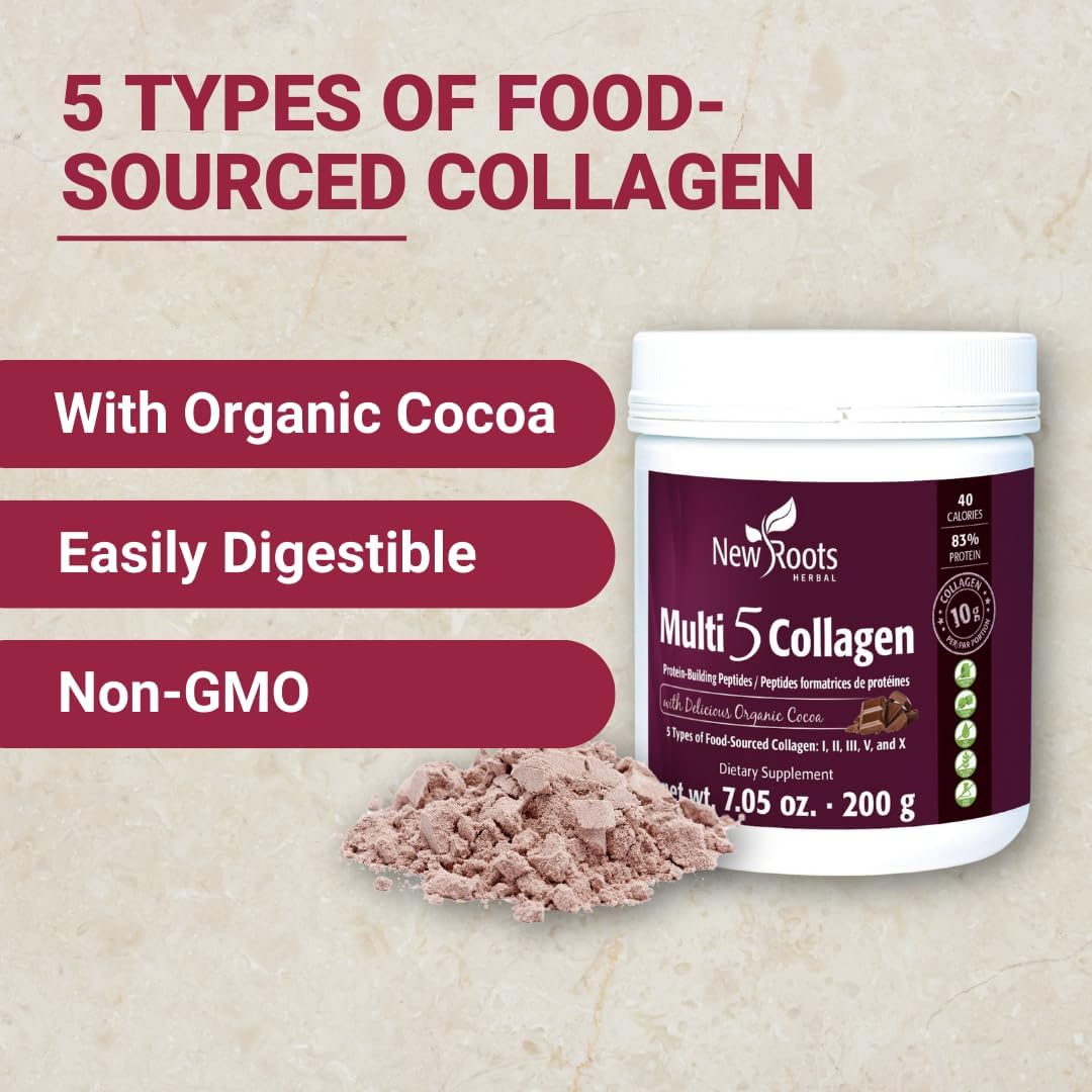 New Roots Herbal Multi 5 Coco Collagen Powder Supplement - Hydrolyzed Collagen - Dairy & Gluten Free - 12g per Serving - Chocolate Flavor - 7.05 oz
