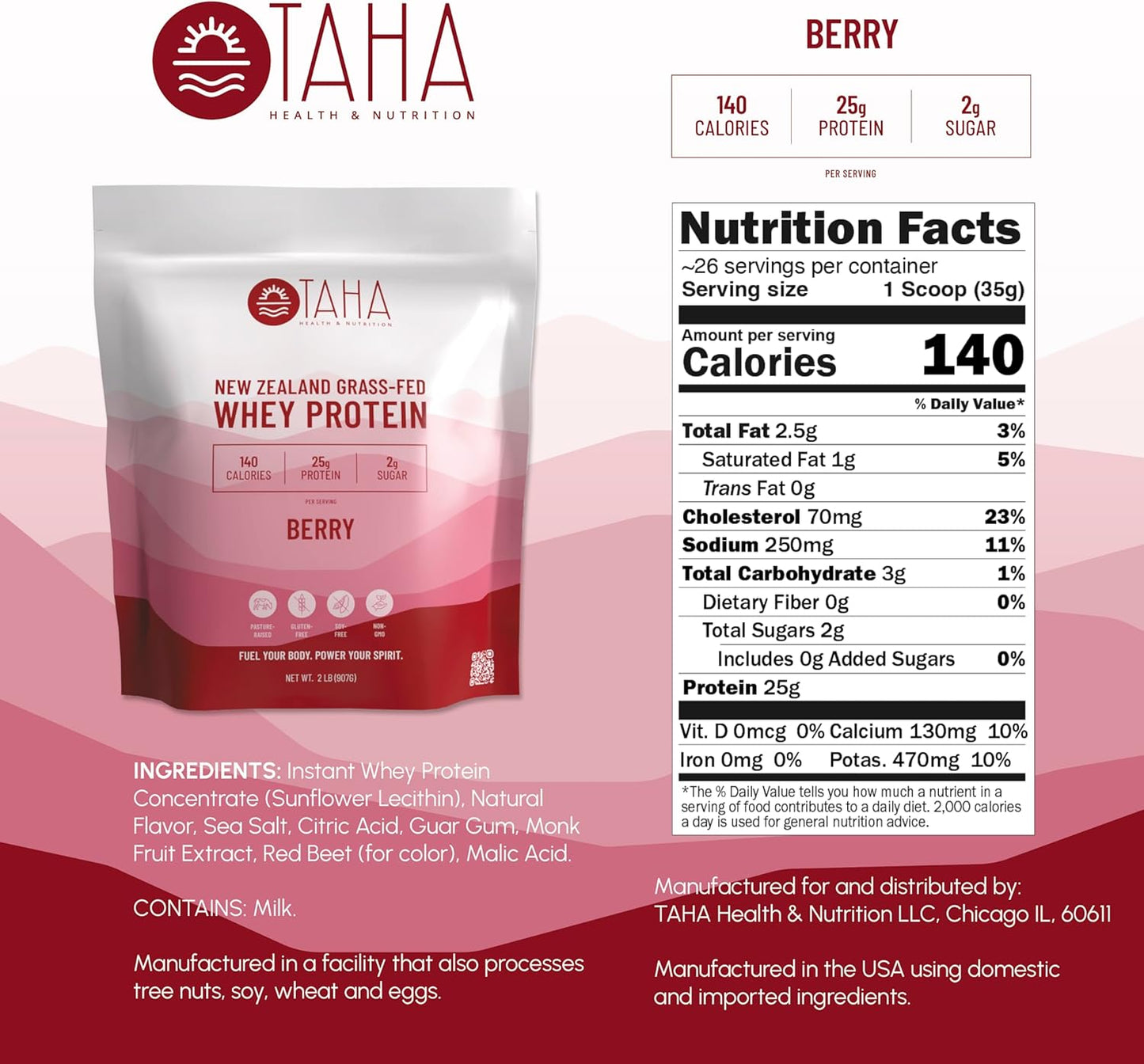 New Zealand Grass-Fed Whey Protein Powder, Berry Flavor, 25g Protein, 140 Calories, 2g Sugar - Gluten-Free, Soy-Free, Keto, Kosher - 2LB