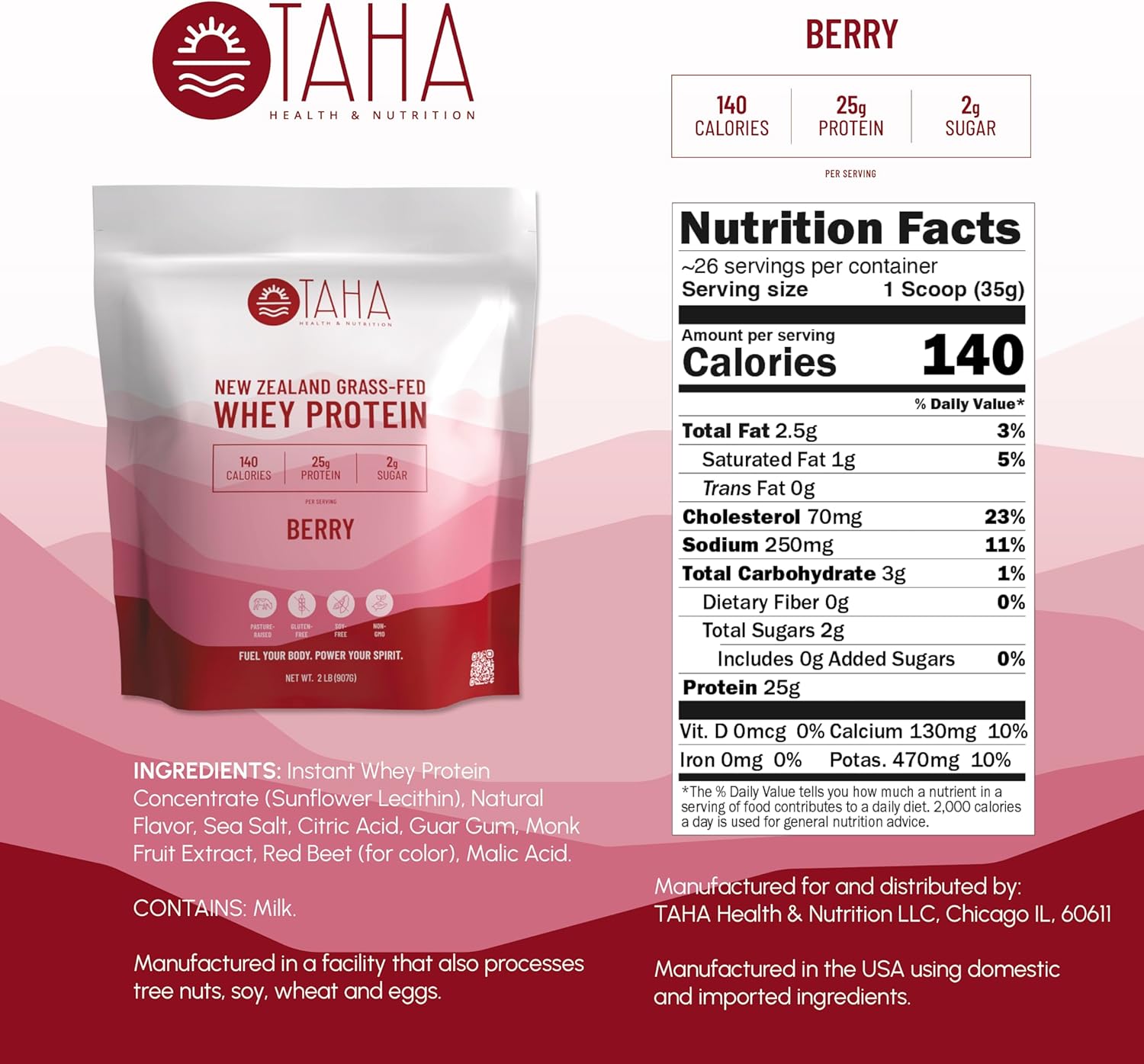 New Zealand Grass-Fed Whey Protein Powder, Berry Flavor, 25g Protein, 140 Calories, 2g Sugar - Gluten-Free, Soy-Free, Keto, Kosher - 2LB