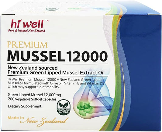 New Zealand Hi Well Premium Mussel 12000 Softgel Capsules - Natural & Pure 200 Vegetable Capsules