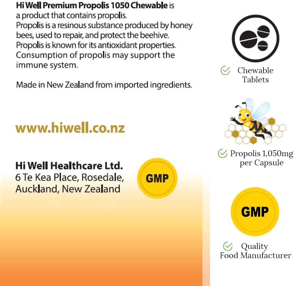New Zealand Hi Well Premium Propolis 1050 - Natural and Pure Supplement with 500 Tablets