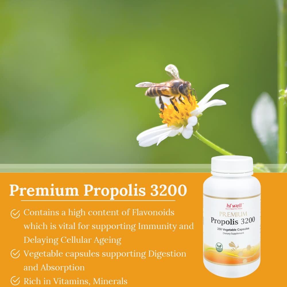 New Zealand Hi Well Premium Propolis 3200 with 96mg Flavonoid - 250VegeCapsules, Pure & Natural