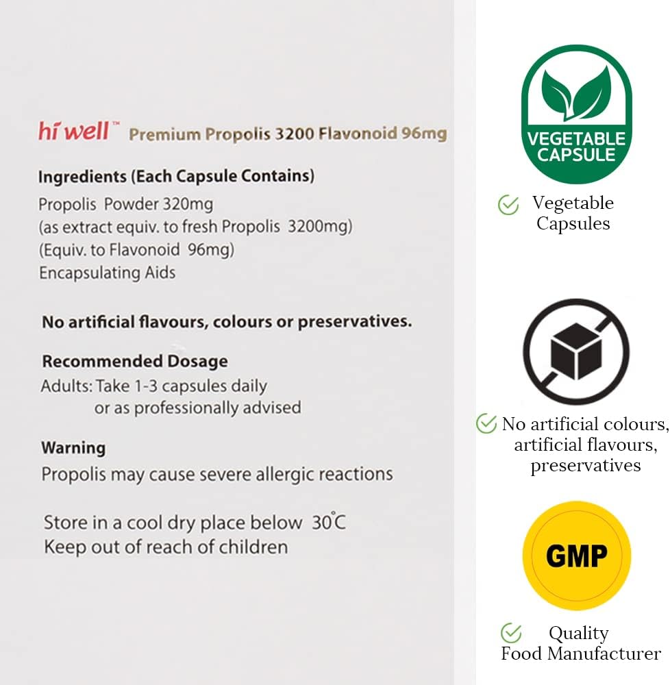 New Zealand Hi Well Premium Propolis 3200 with 96mg Flavonoid - 250VegeCapsules, Pure & Natural