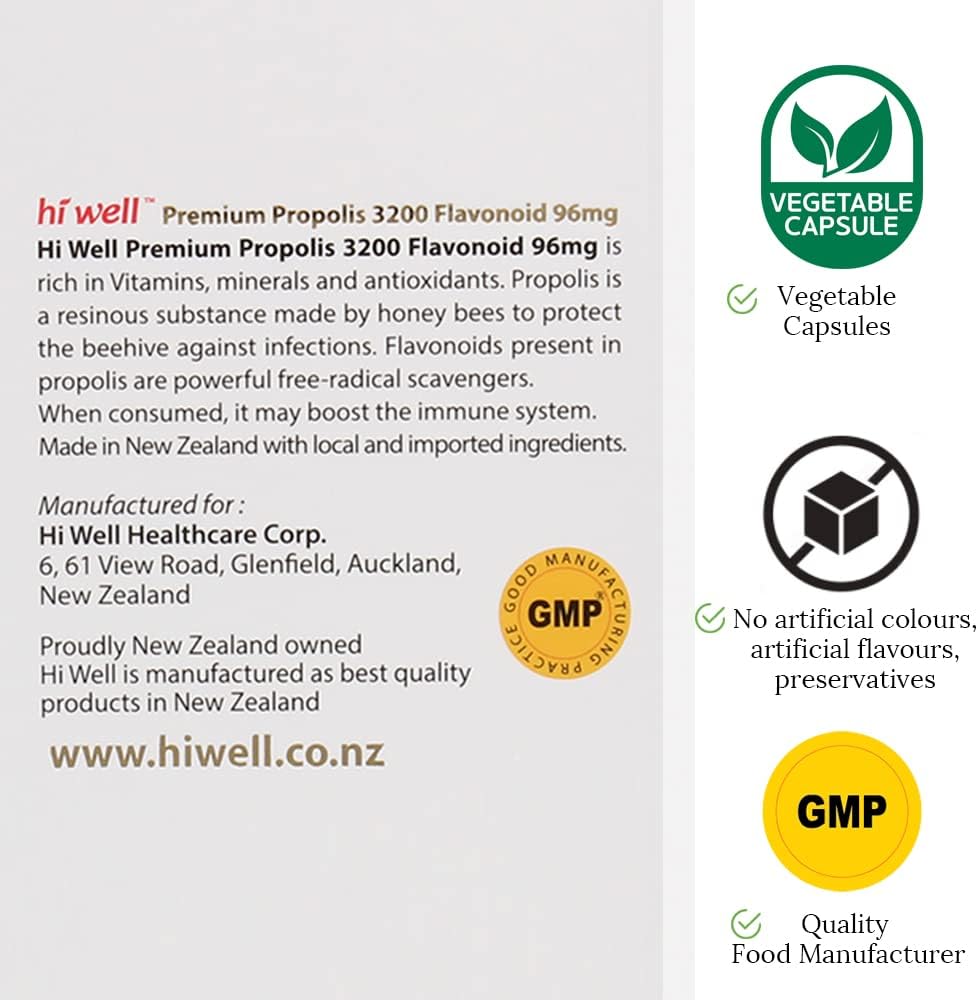 New Zealand Hi Well Premium Propolis 3200 with 96mg Flavonoid - 250VegeCapsules, Pure & Natural