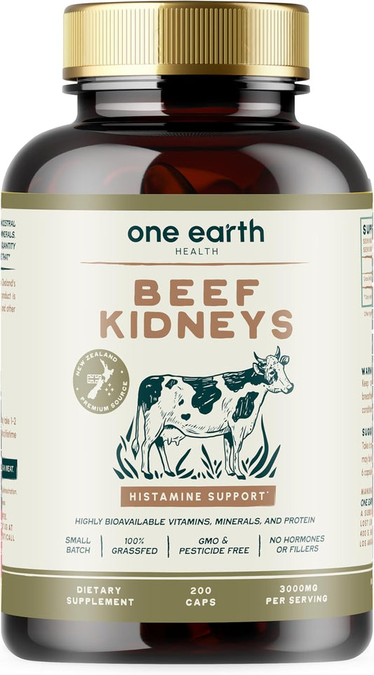 New Zealand Sourced Grass Fed Beef Kidney Supplement (200 Count) for Kidney and DAO Health Support by One Earth Health