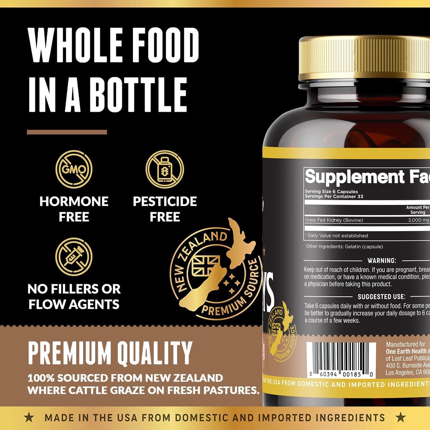 New Zealand Sourced Grass Fed Beef Kidney Supplement (200 Count) for Kidney and DAO Health Support by One Earth Health