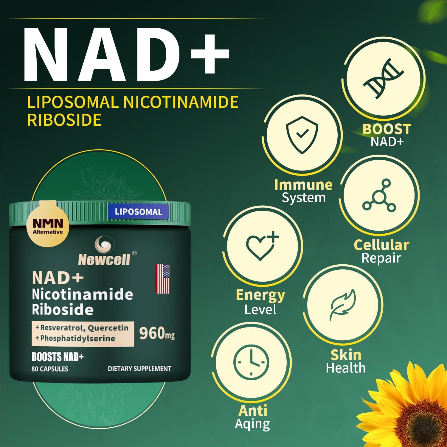 Newcell Spetime NAD+ Supplement - High Purity Energy Booster with NMN, Liposomal NR, Resveratrol, Quercetin - 80 Capsules